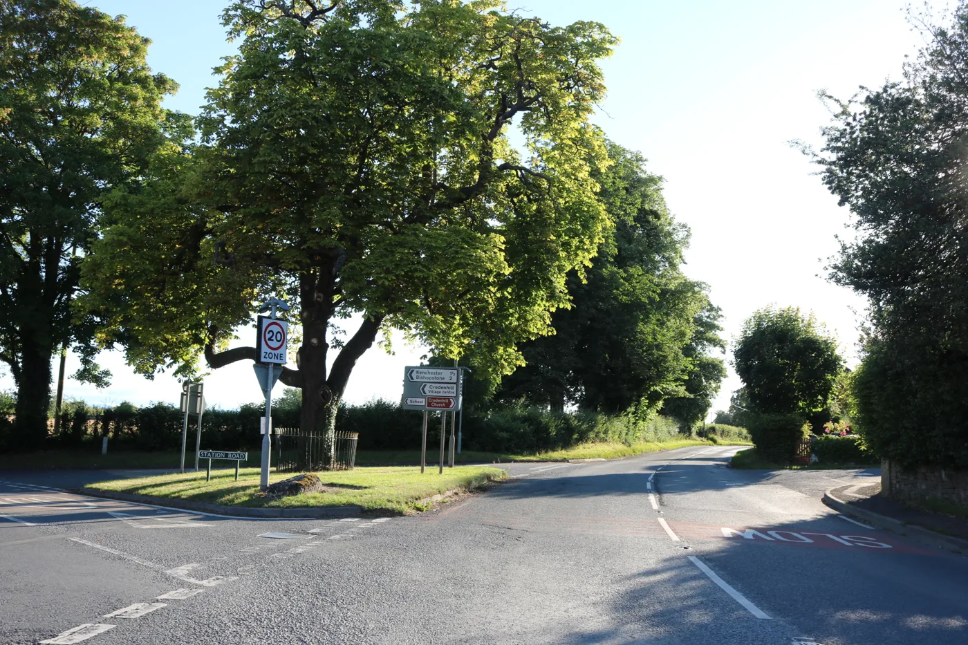 The A480 at its junction with Station Road, Credenhill. The council's highways officer and the parish council both name this road and junction in their responses to the 250-home plan. Photo taken in 2022.