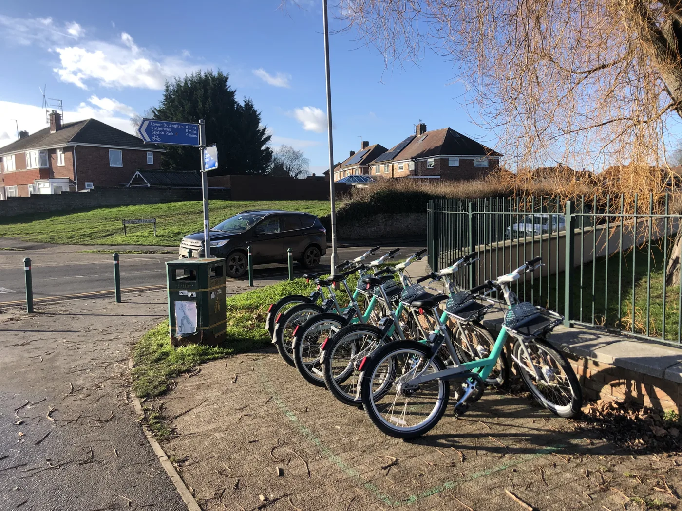 A Beryl Bikes bay in Hereford, with cycle routes signed for Lower Bullingham, Rotherwas and Skylon Park.